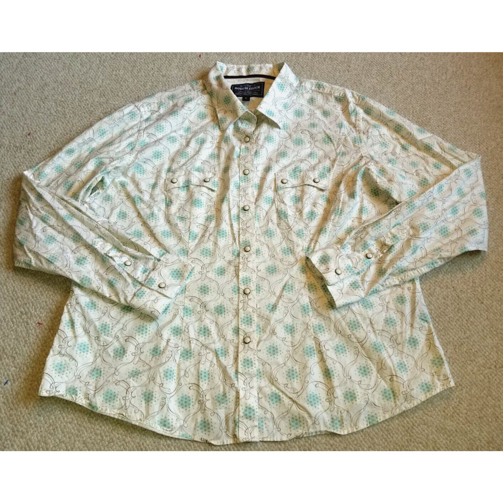 Womens Shirt-ROUGH STOCK-Panhandle Slim-beige/blue/brn snap Cowgirl Festival-XL